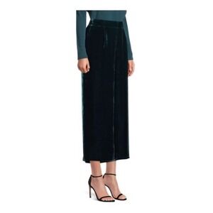 Womens Teal Velvet Wide Leg Cropped Pants Elastic Back Trousers Dark Green